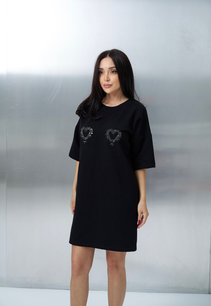 Rochie Bumbac Premium Hearts Neagră